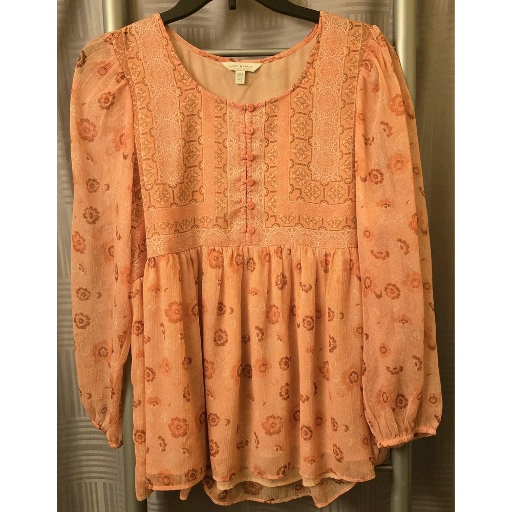 Lucky‎ Brand Top Womens Size Medium Floral Pullover Peach Sheer/Semi-Sheer Boho